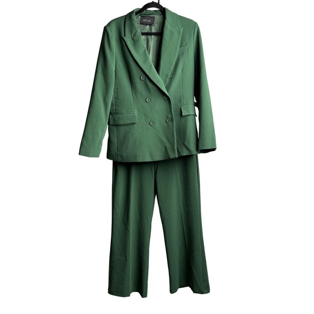 DELUC Green Double Breasted Blazer & Wide Leg Pant Suit Set Womens L Monochrome